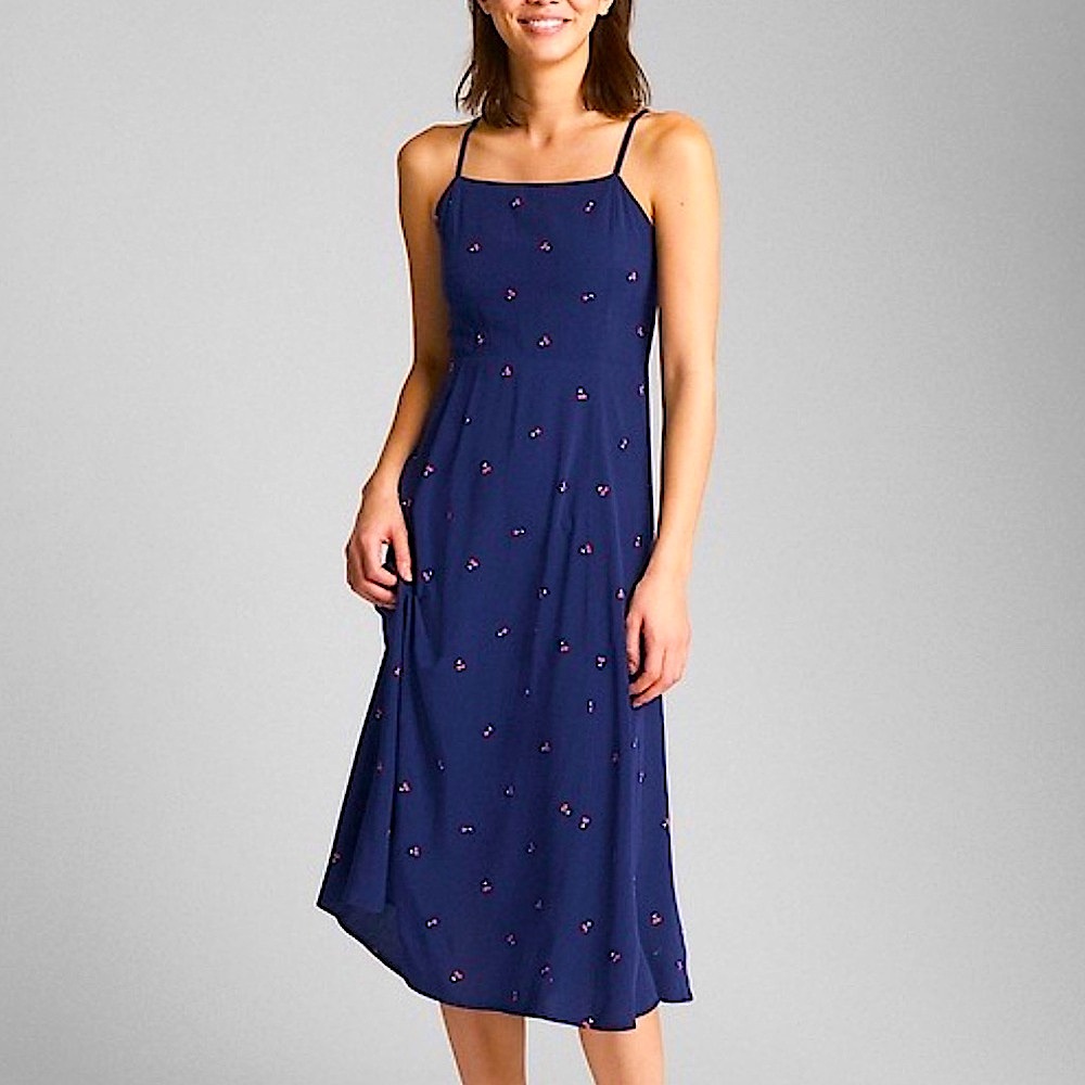 Cherry print Fit & Flare Midi sundress 🍒 GAP Small Navy Blue Red Cherries EUC